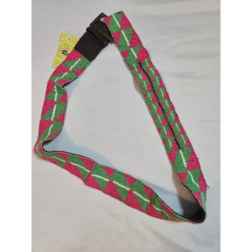 Raj Pink Green Geometric Beaded Leather‎ Belt Boho Statement Handcrafted Wide